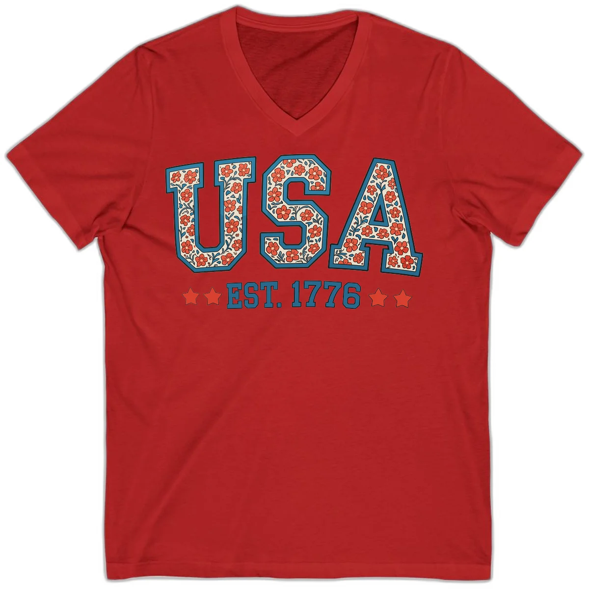 USA Est. 1776 Floral V-Neck Tee in Red
