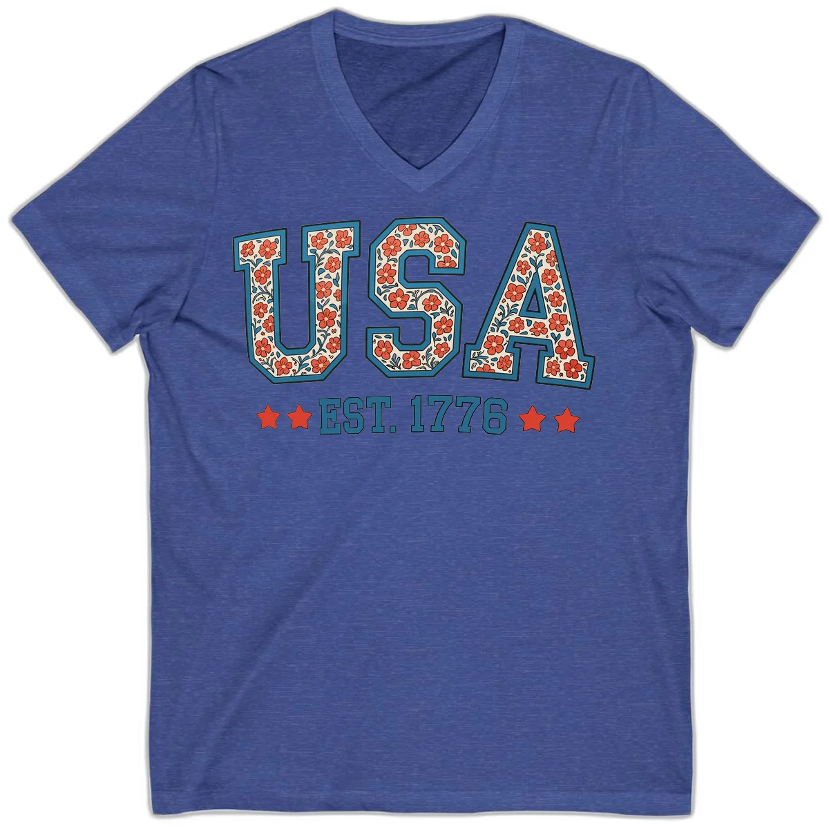 USA Est. 1776 Floral V-Neck Tee in Heather True Royal