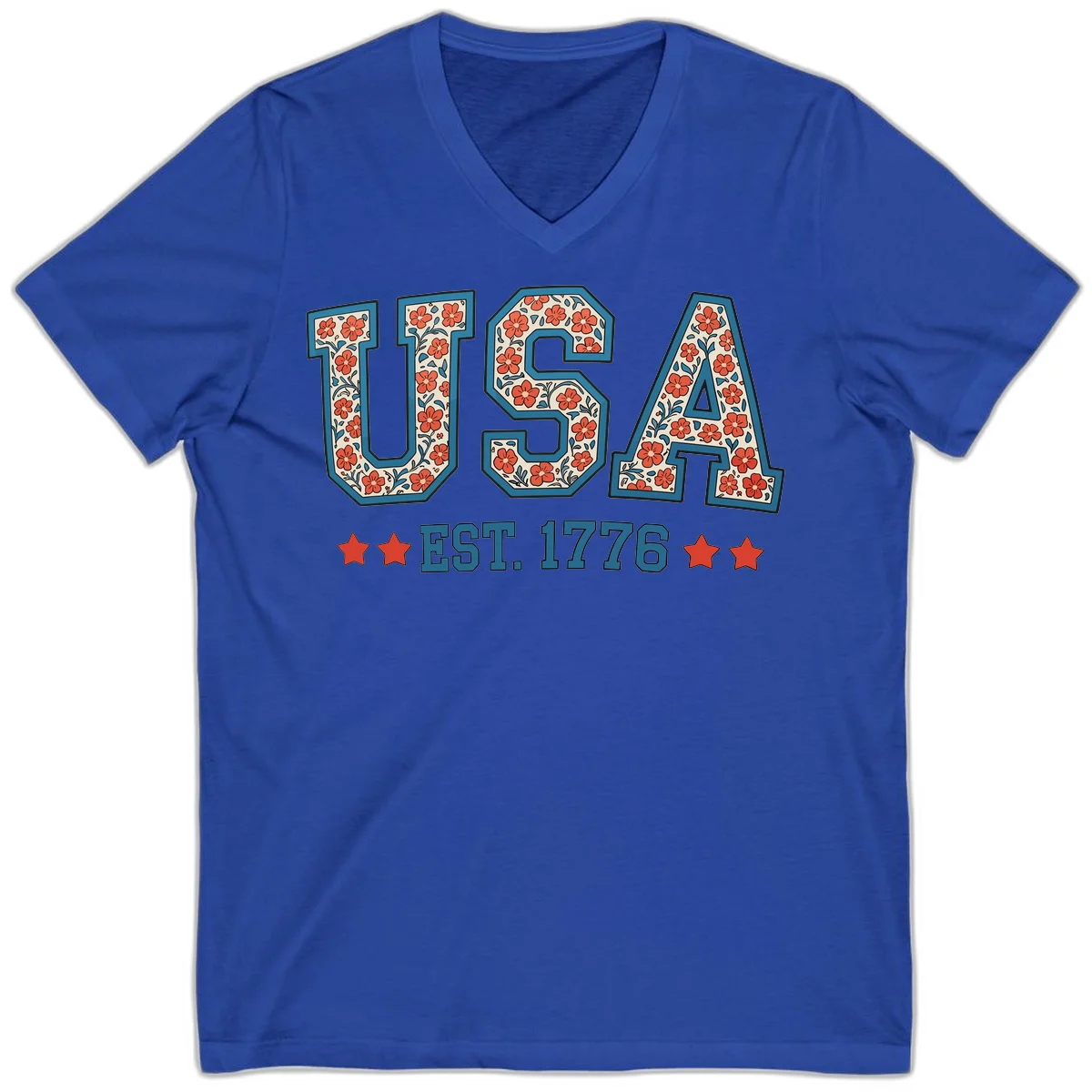 USA Est. 1776 Floral V-Neck Tee in True Royal