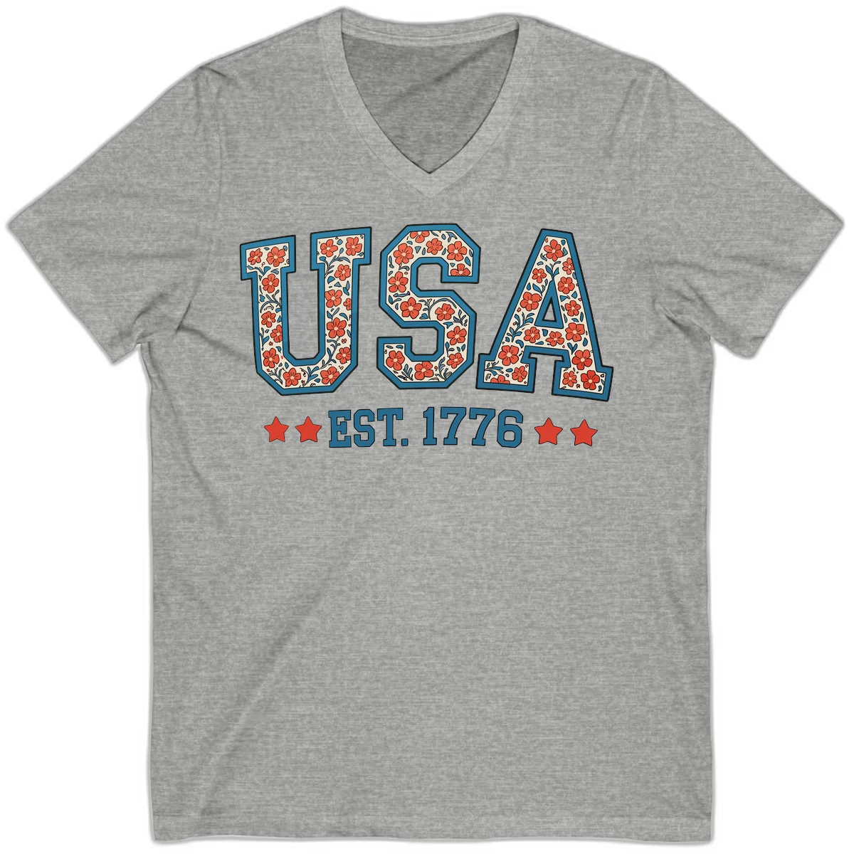 USA Est. 1776 Floral V-Neck Tee in Athletic Heather