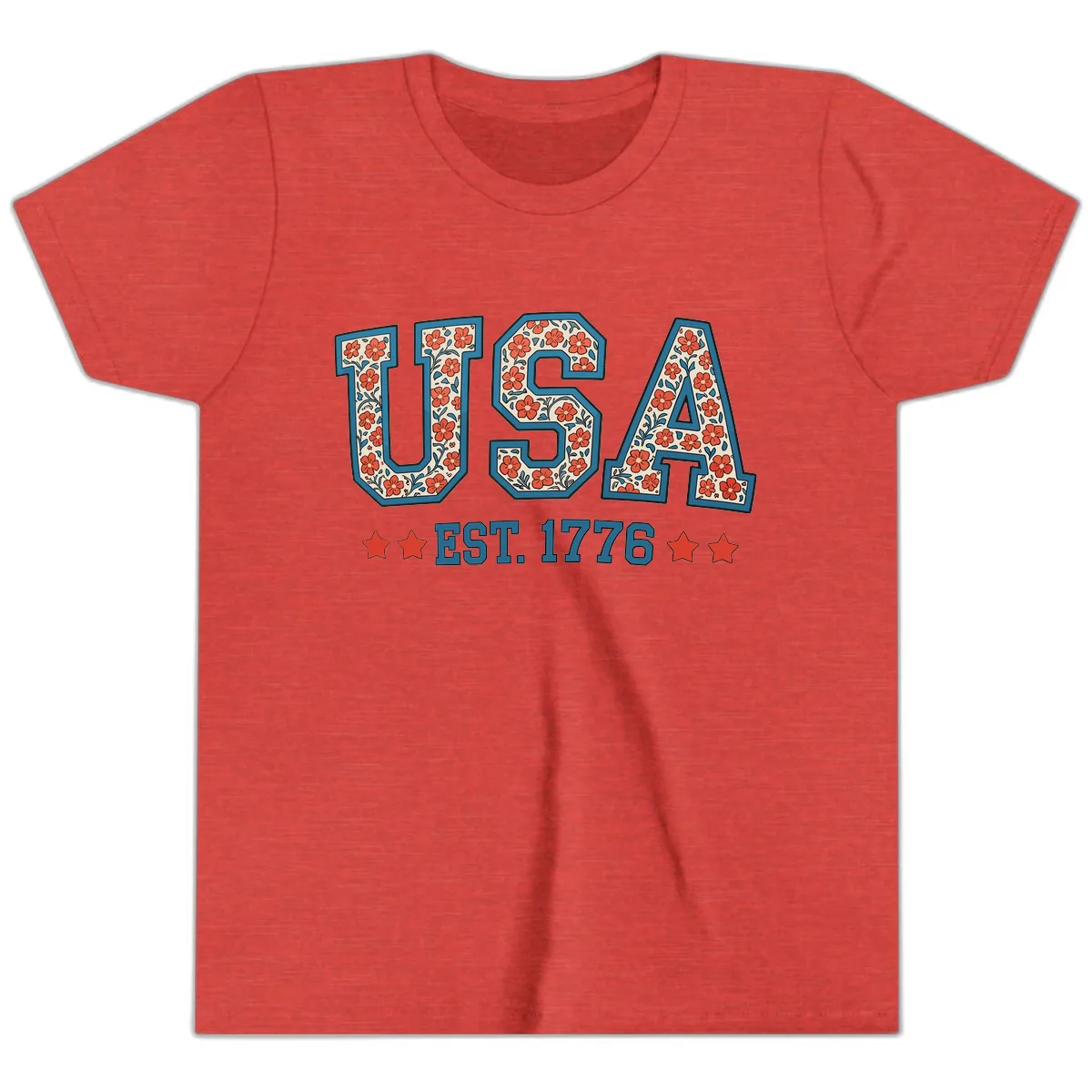 USA Est. 1776 Floral Patriotic Heritage Design Youth T-Shirt in Heather Red