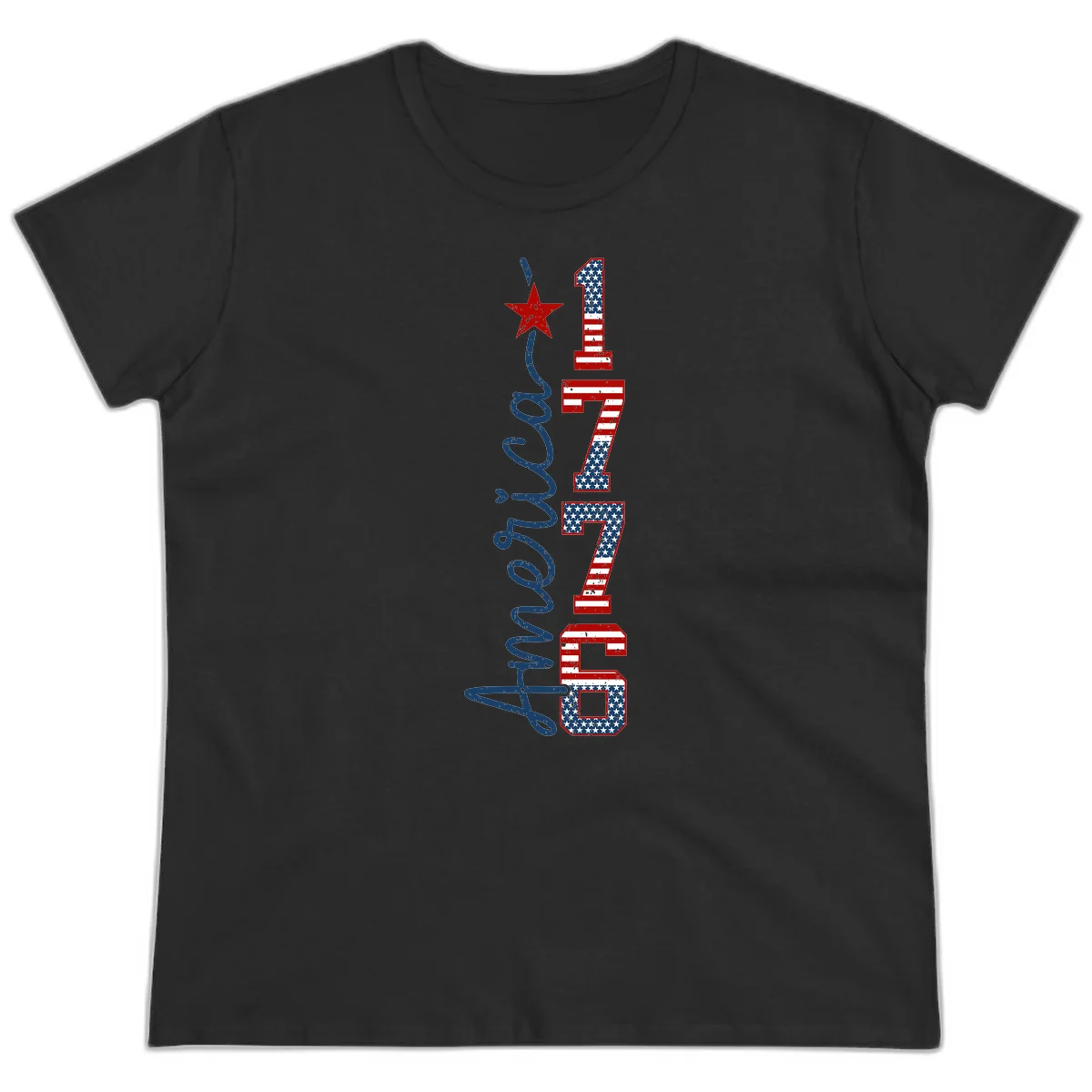 America 1776 Distressed Patriotic Ladies Tee in Black