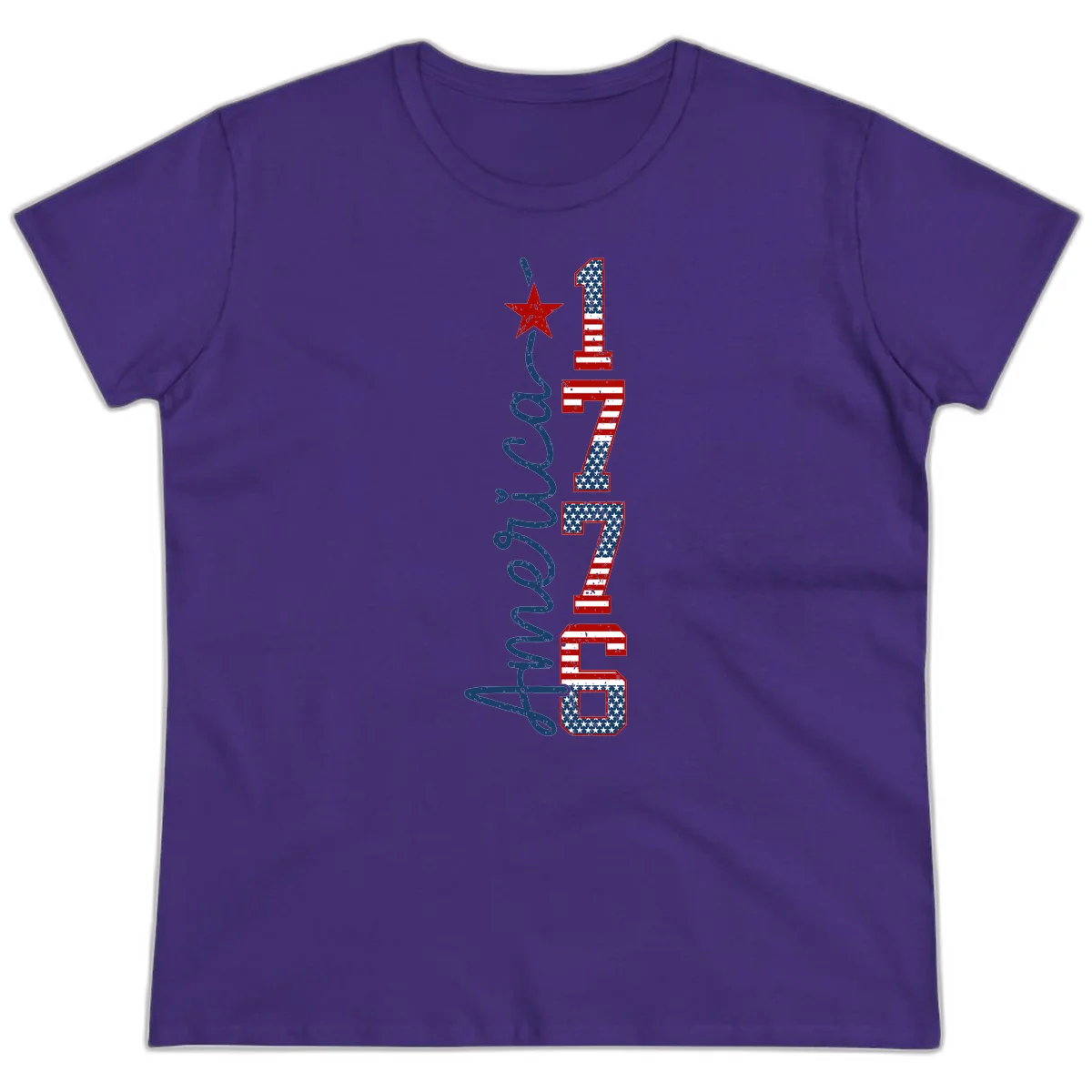 America 1776 Distressed Patriotic Ladies Tee in Purple