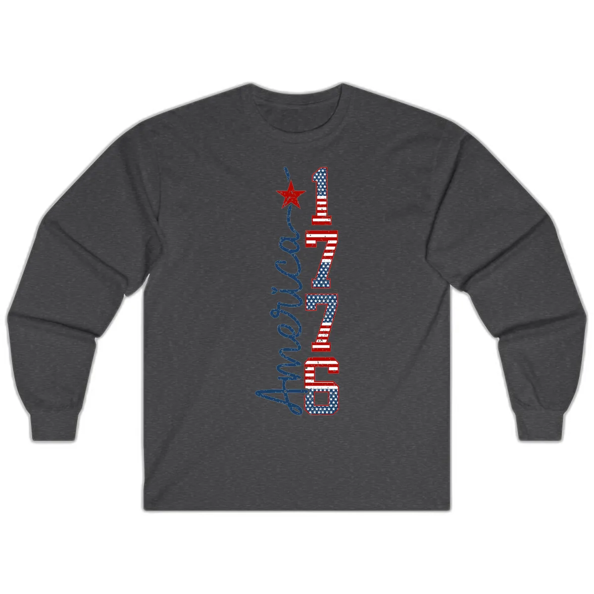 America 1776 Distressed Patriotic Celebration Design Long Sleeve in Dark Heather
