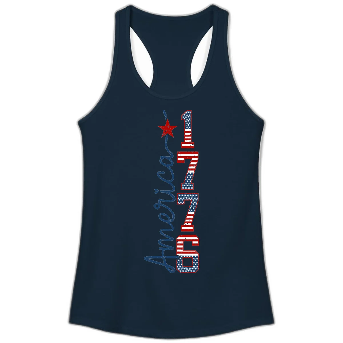 America 1776 Distressed Patriotic Ladies Tank in Solid Midnight Navy