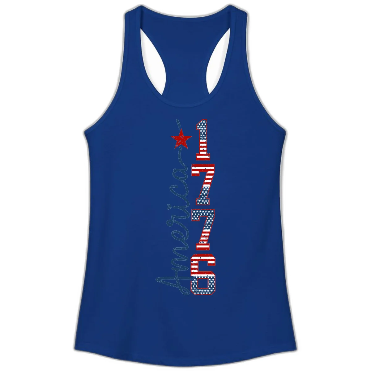 America 1776 Distressed Patriotic Ladies Tank in Solid Royal