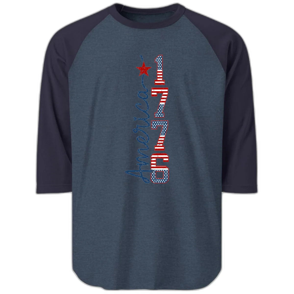 America 1776 Distressed Patriotic Raglan 3/4 in Heather Denim Navy
