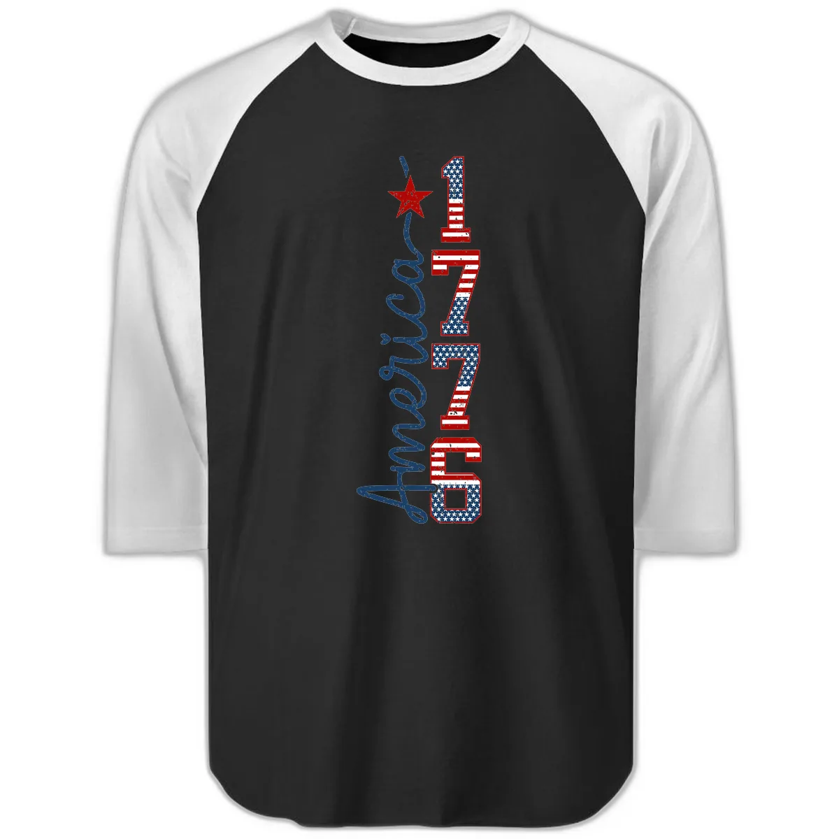 America 1776 Distressed Patriotic Celebration Design Raglan 3/4 in Black White