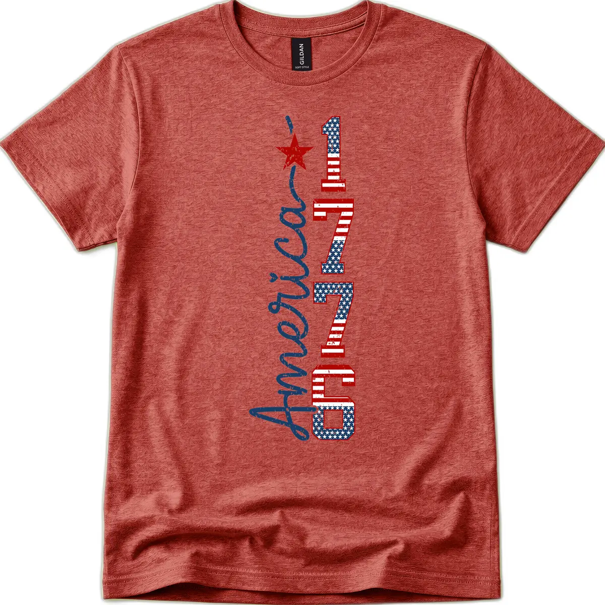 America 1776 Distressed Patriotic Celebration Design T-Shirt in Heather Cardinal
