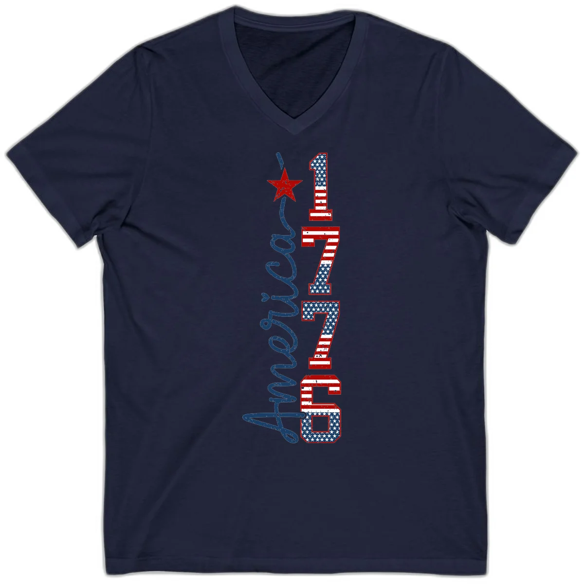 America 1776 Distressed Patriotic V-Neck in Navy