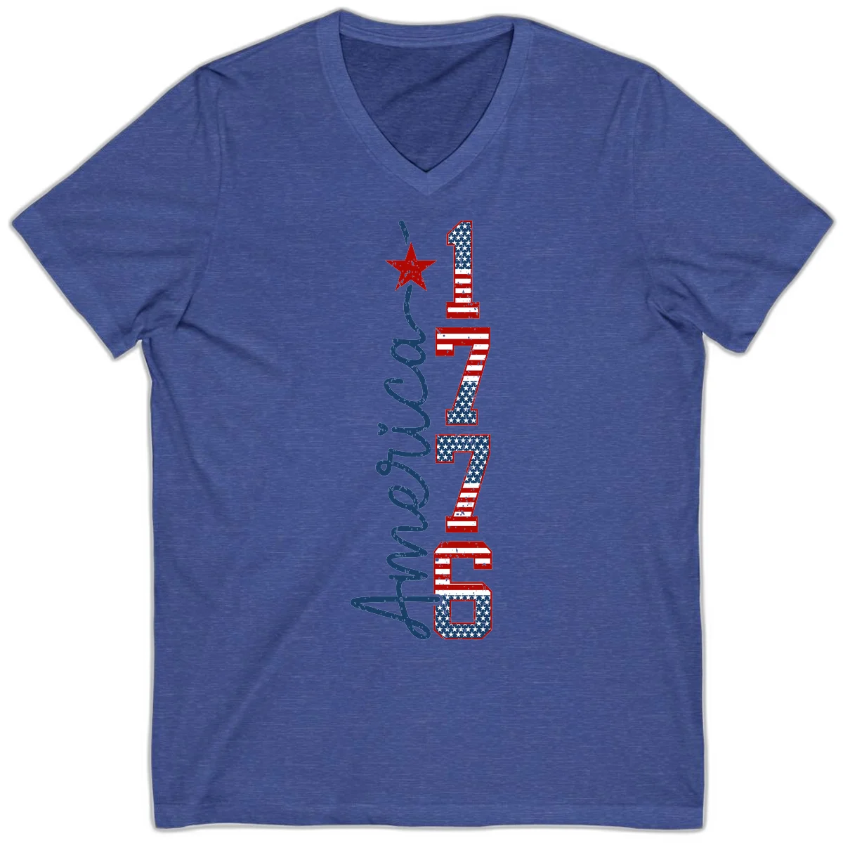 America 1776 Distressed Patriotic V-Neck in Heather True Royal