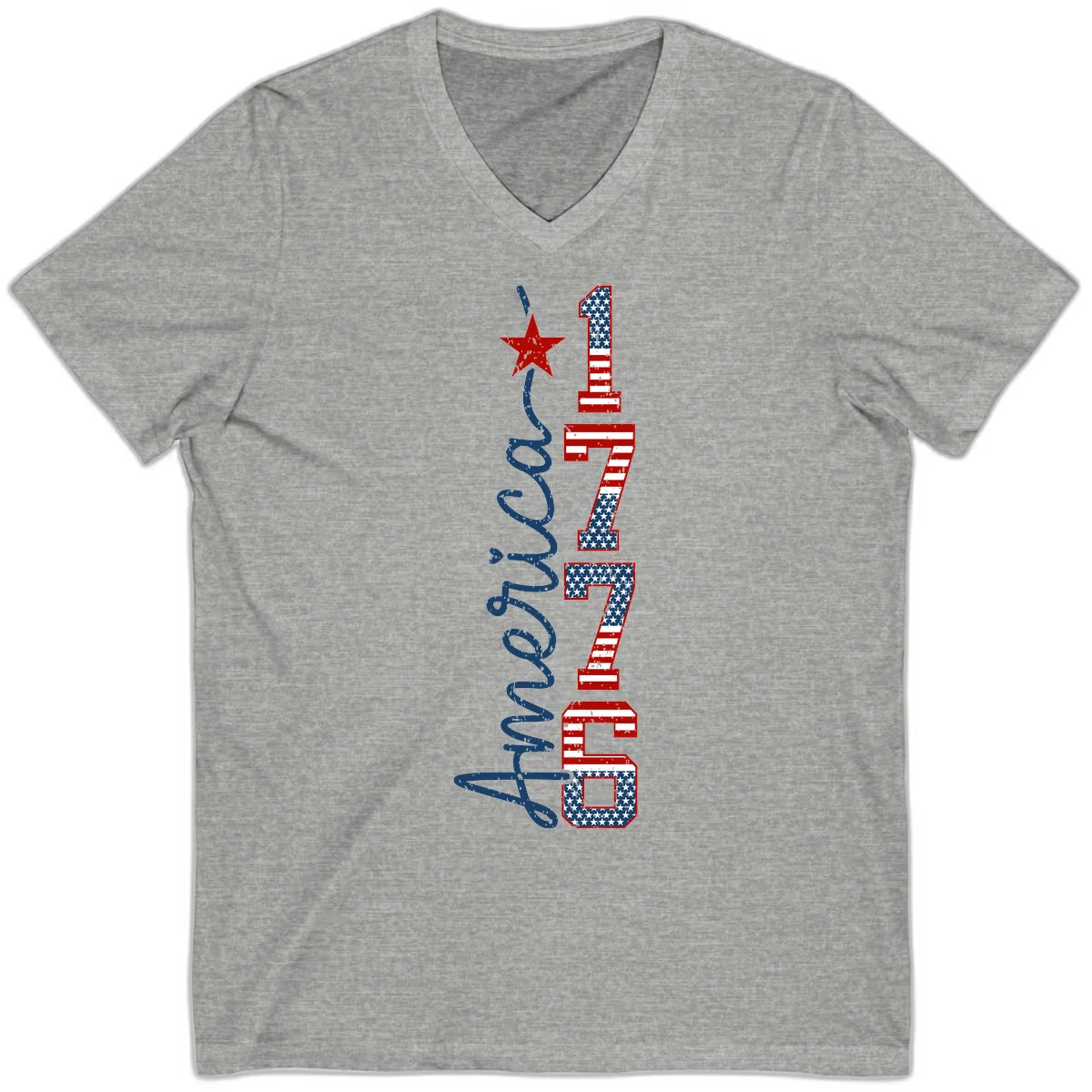 America 1776 Distressed Patriotic V-Neck in Athletic Heather