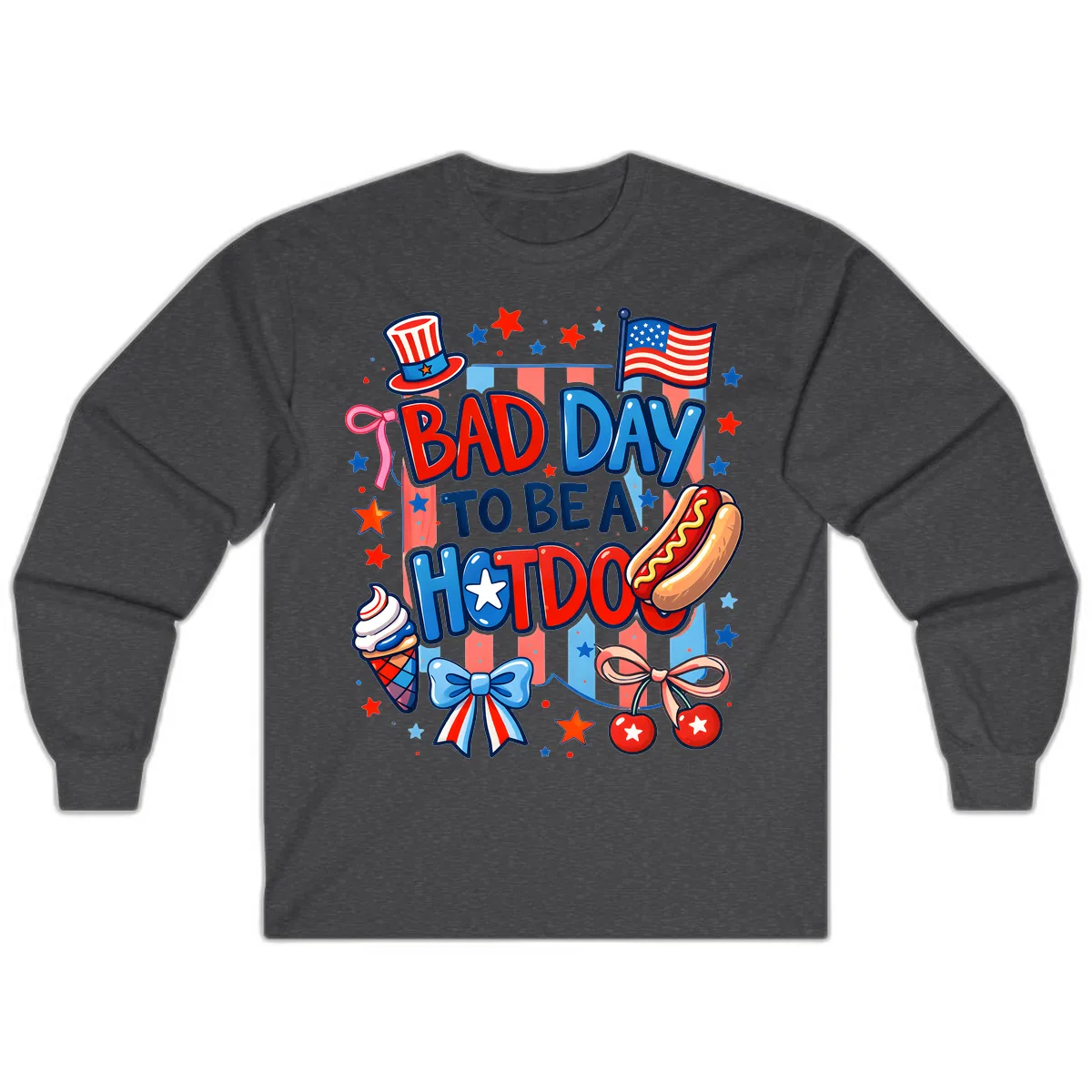 Bad Day To Be A Hot Dog July Fourth Fun Long Sleeve in Dark Heather