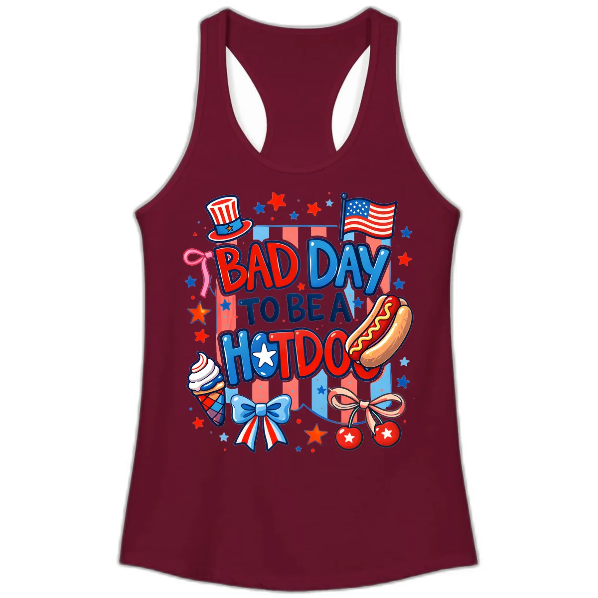 Bad Day To Be A Hot Dog July Fourth Fun Ladies Tank in Solid Cardinal Red
