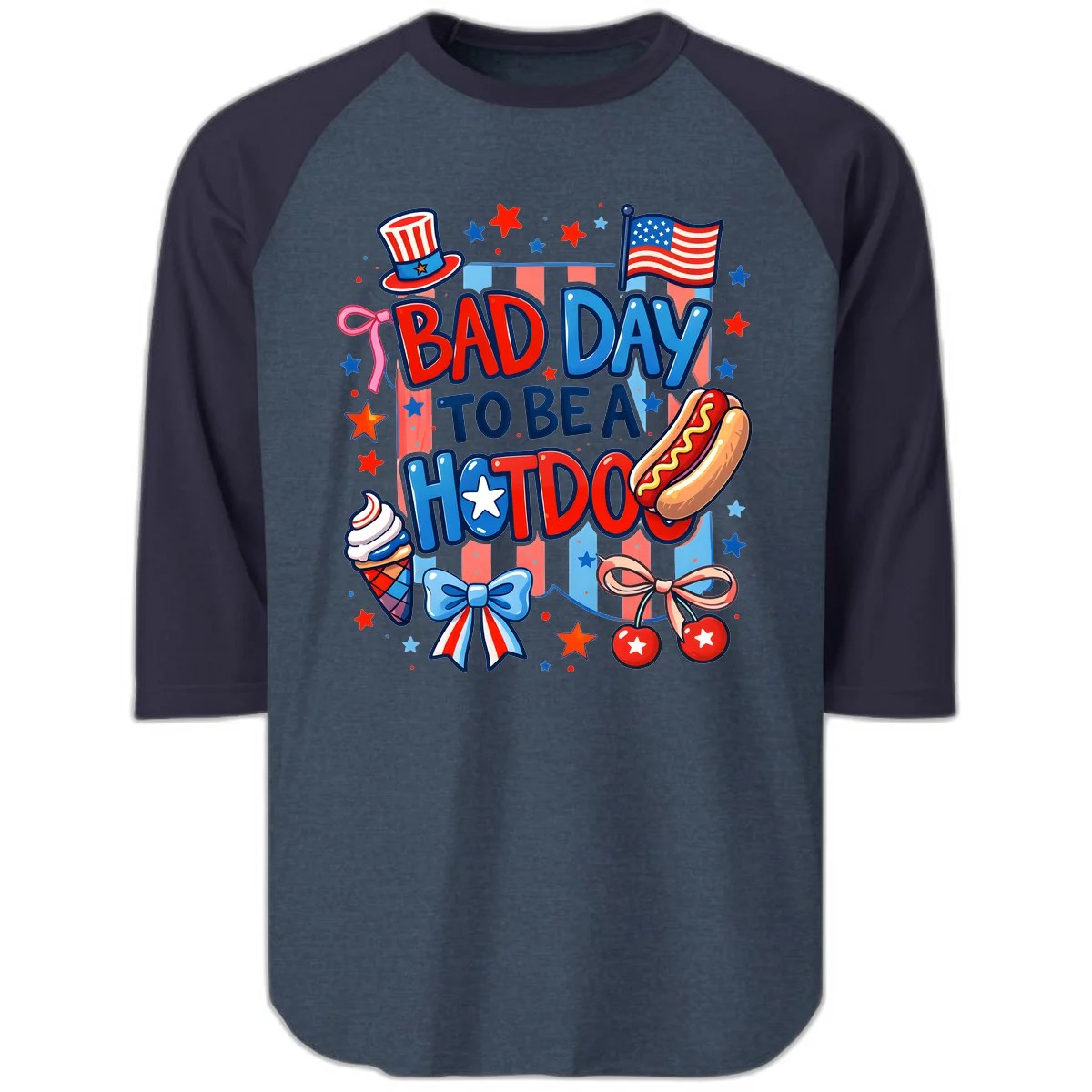 Bad Day To Be A Hot Dog Raglan 3/4 in Heather Denim Navy
