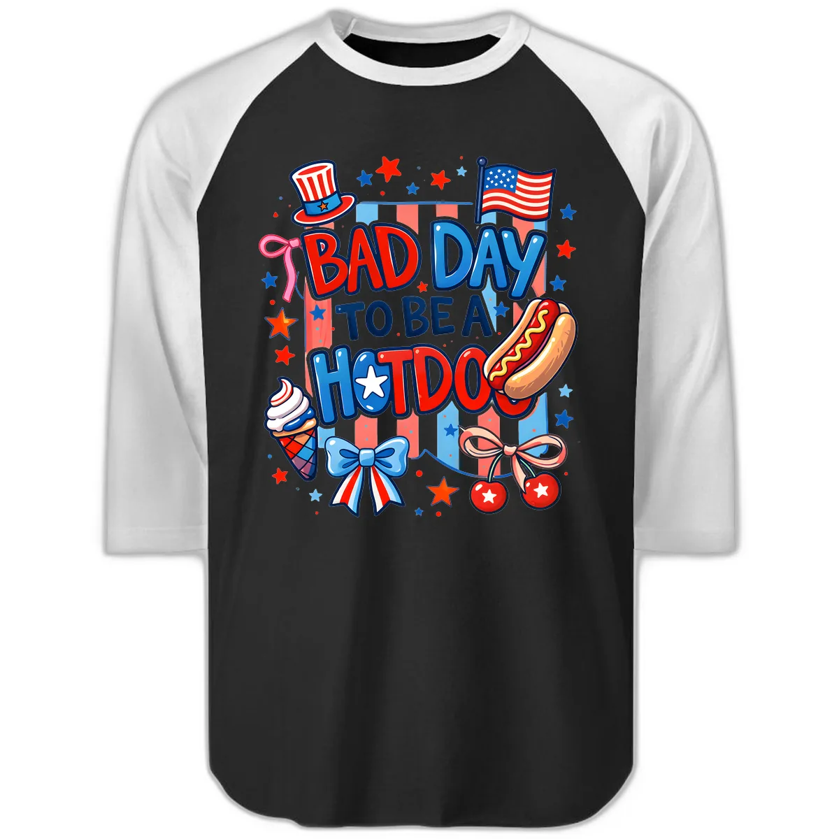Bad Day To Be A Hot Dog July Fourth Fun Raglan 3/4 in Black White
