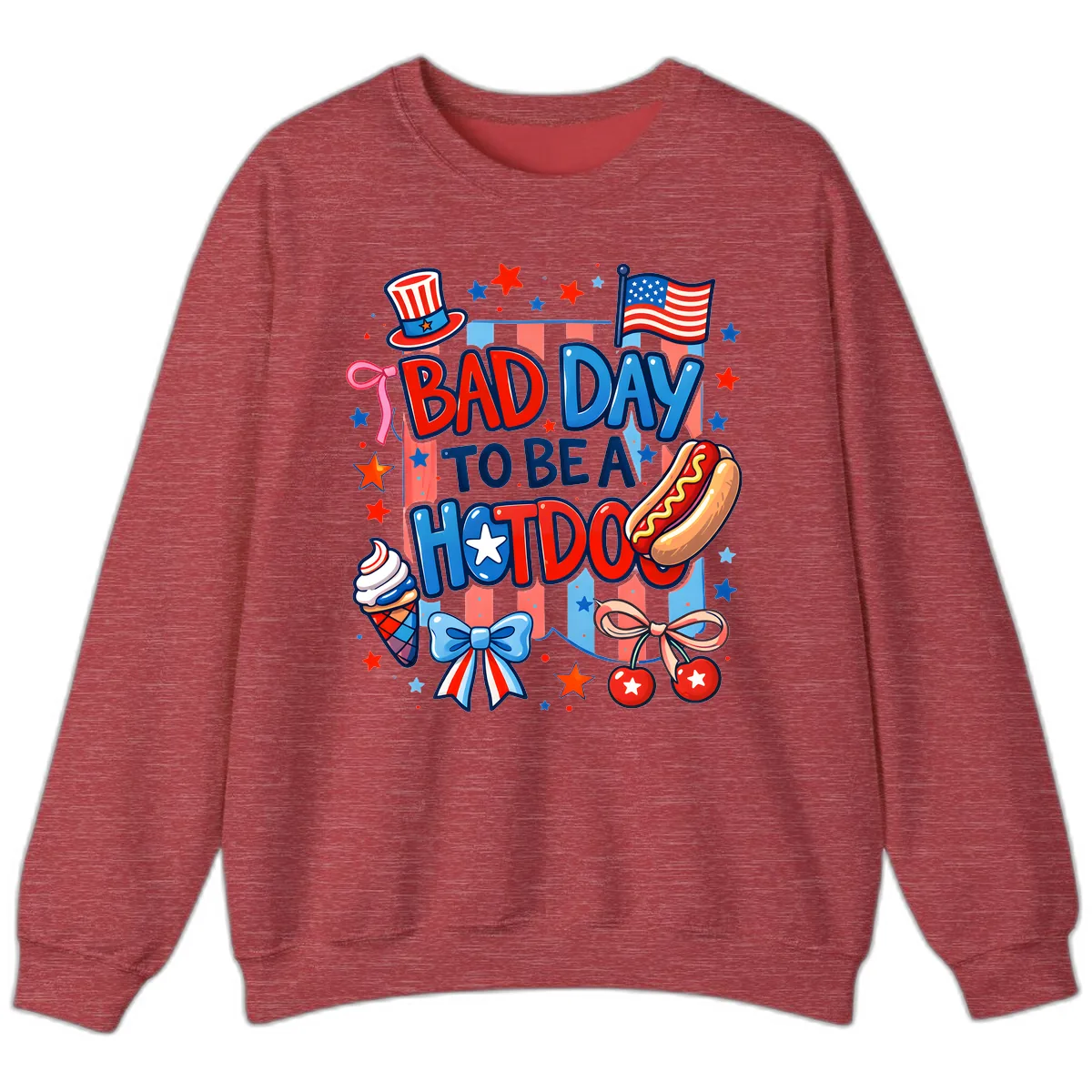 Bad Day To Be A Hot Dog July Fourth Fun Sweatshirt in Heather Scarlet Red