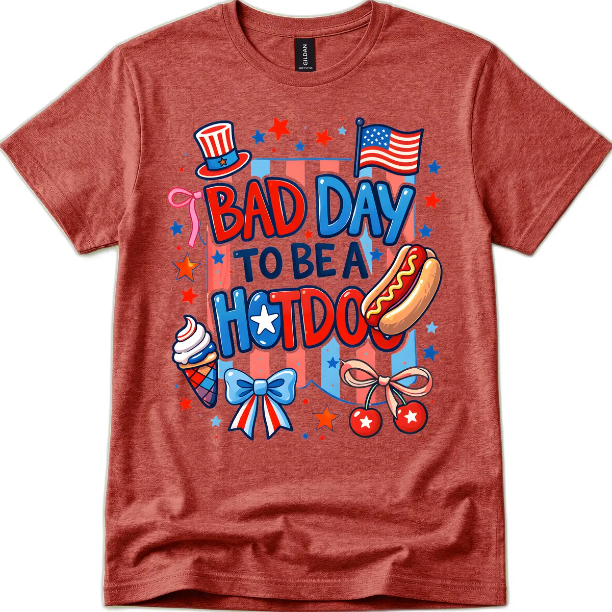 Bad Day To Be A Hot Dog July Fourth Fun T-Shirt in Heather Cardinal
