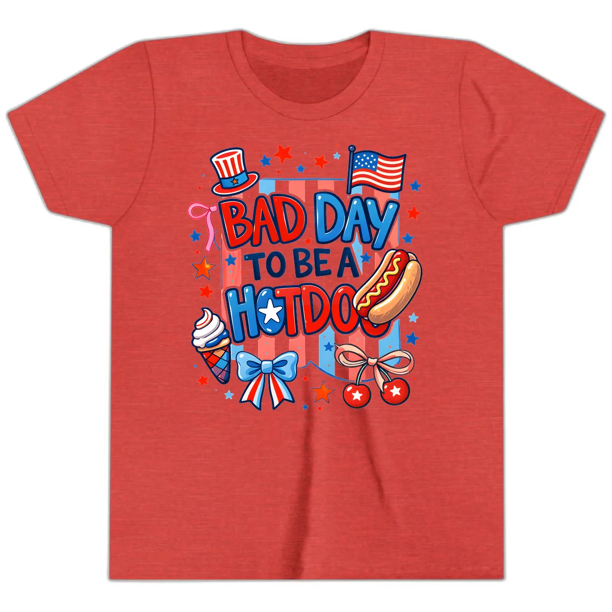 Bad Day To Be A Hot Dog July Fourth Fun Youth T-Shirt in Heather Red