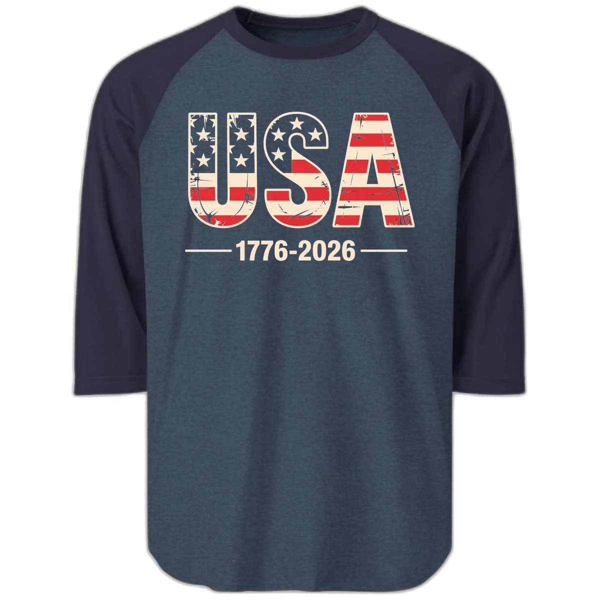 USA 1776-2026 Semiquincentennial Raglan 3/4 in Heather Denim Navy