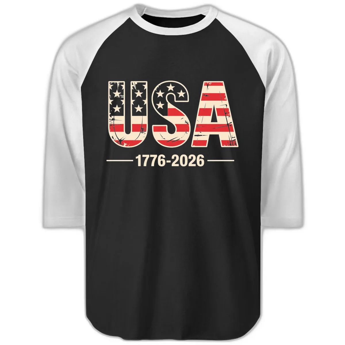 USA 1776-2026 Semiquincentennial Anniversary Design Raglan 3/4 in Black White