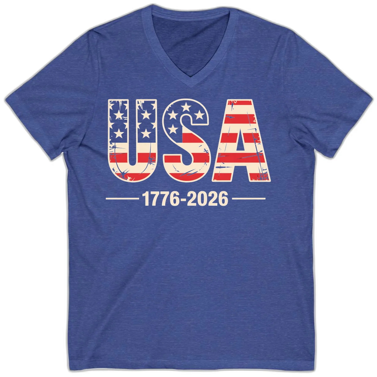 USA 1776-2026 Semiquincentennial V-Neck Tee in Heather True Royal