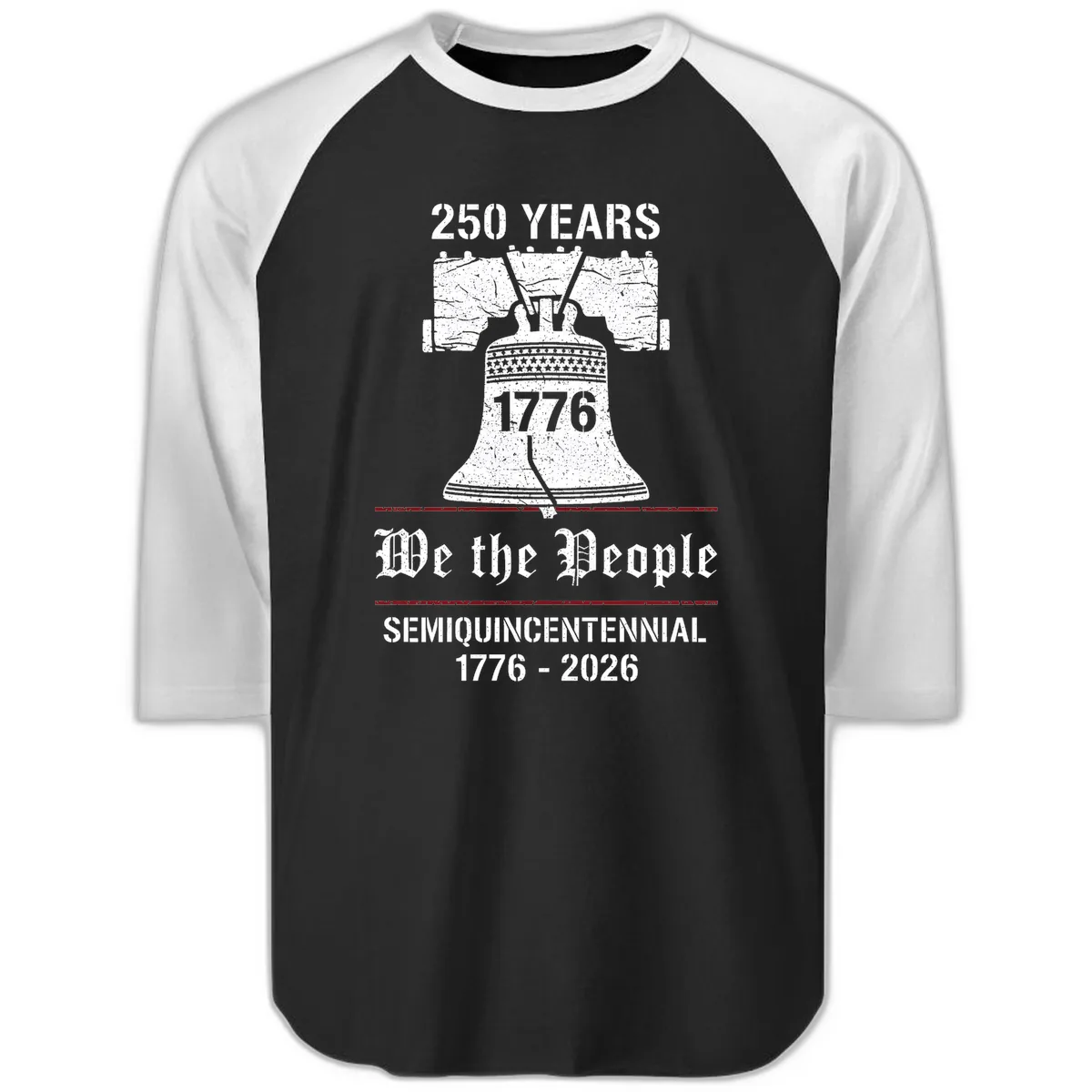 America 250 Semiquincentennial Liberty Bell Raglan 3/4 in Black White
