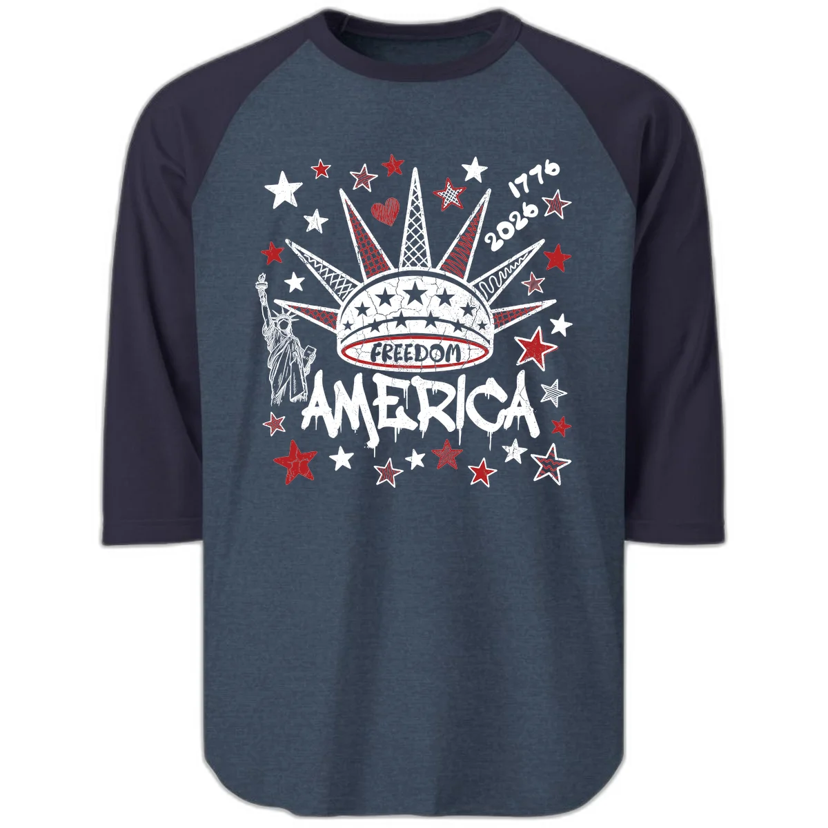 America's 250th Freedom Celebration Est 1776 2026 Raglan 3/4 in Heather Denim Navy