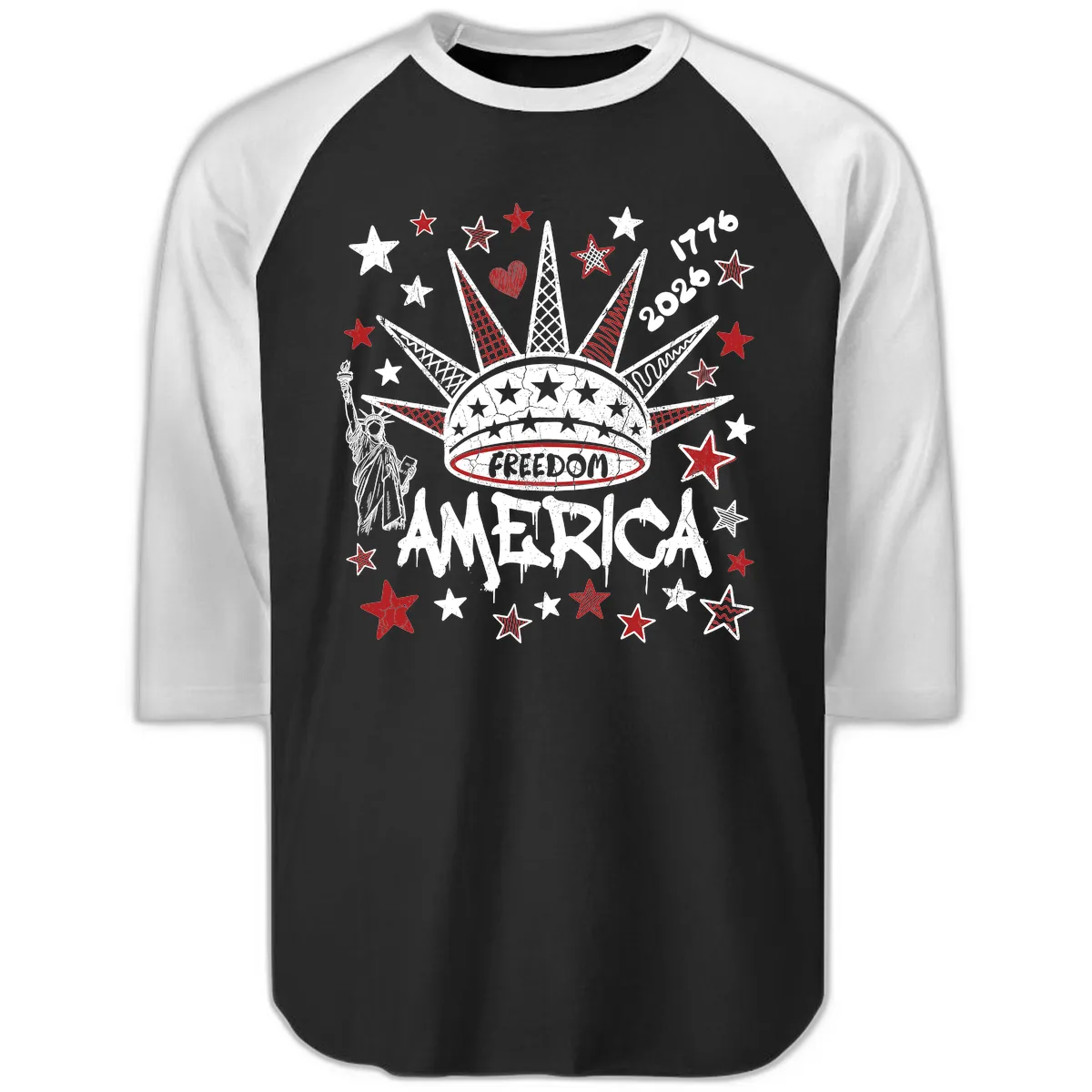 America's 250th Freedom Celebration Est 1776 2026 Raglan 3/4 in Black White
