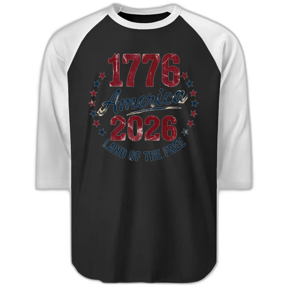 1776 America 2026 Land of the Free Commemoration Raglan 3/4 in Black White