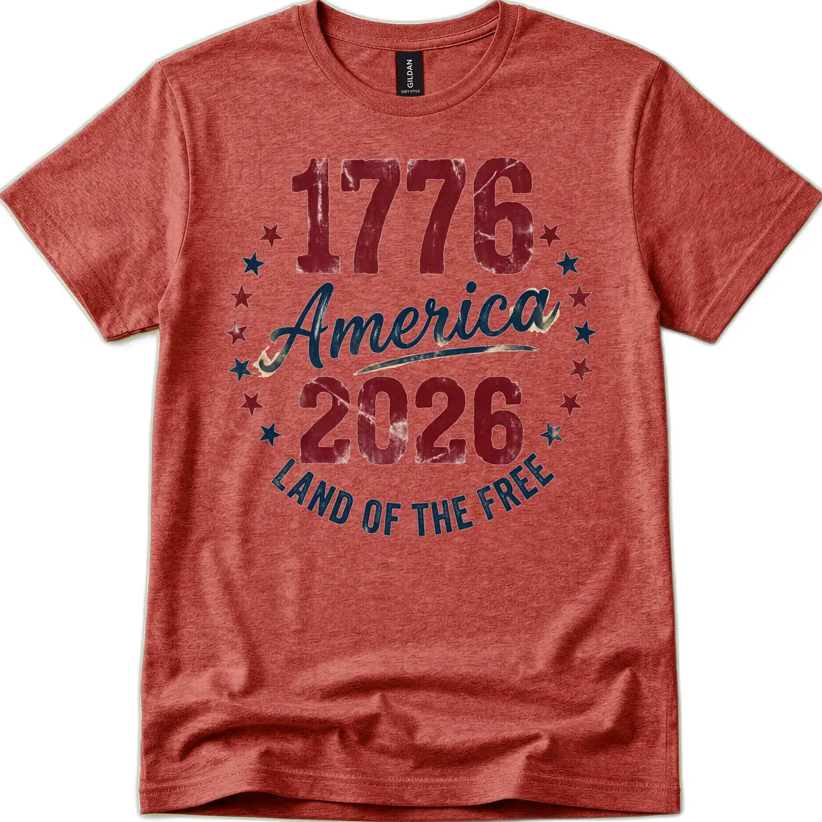 1776 America 2026 Land of the Free Commemoration T-Shirt in Heather Cardinal