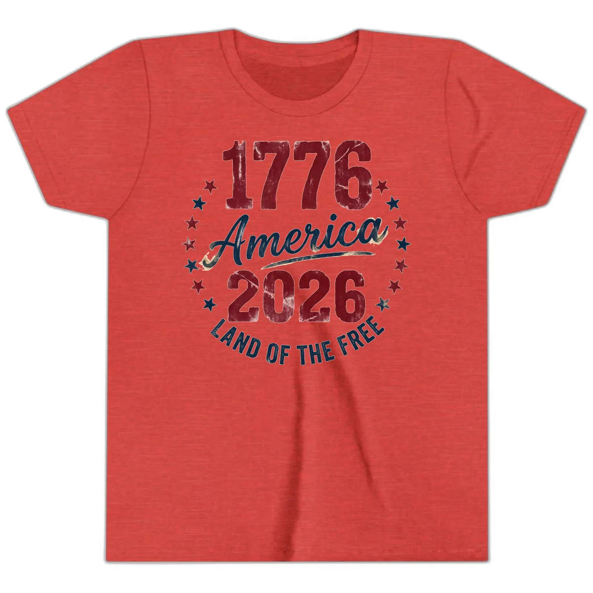 1776 America 2026 Land of the Free Commemoration Youth T-Shirt in Heather Red