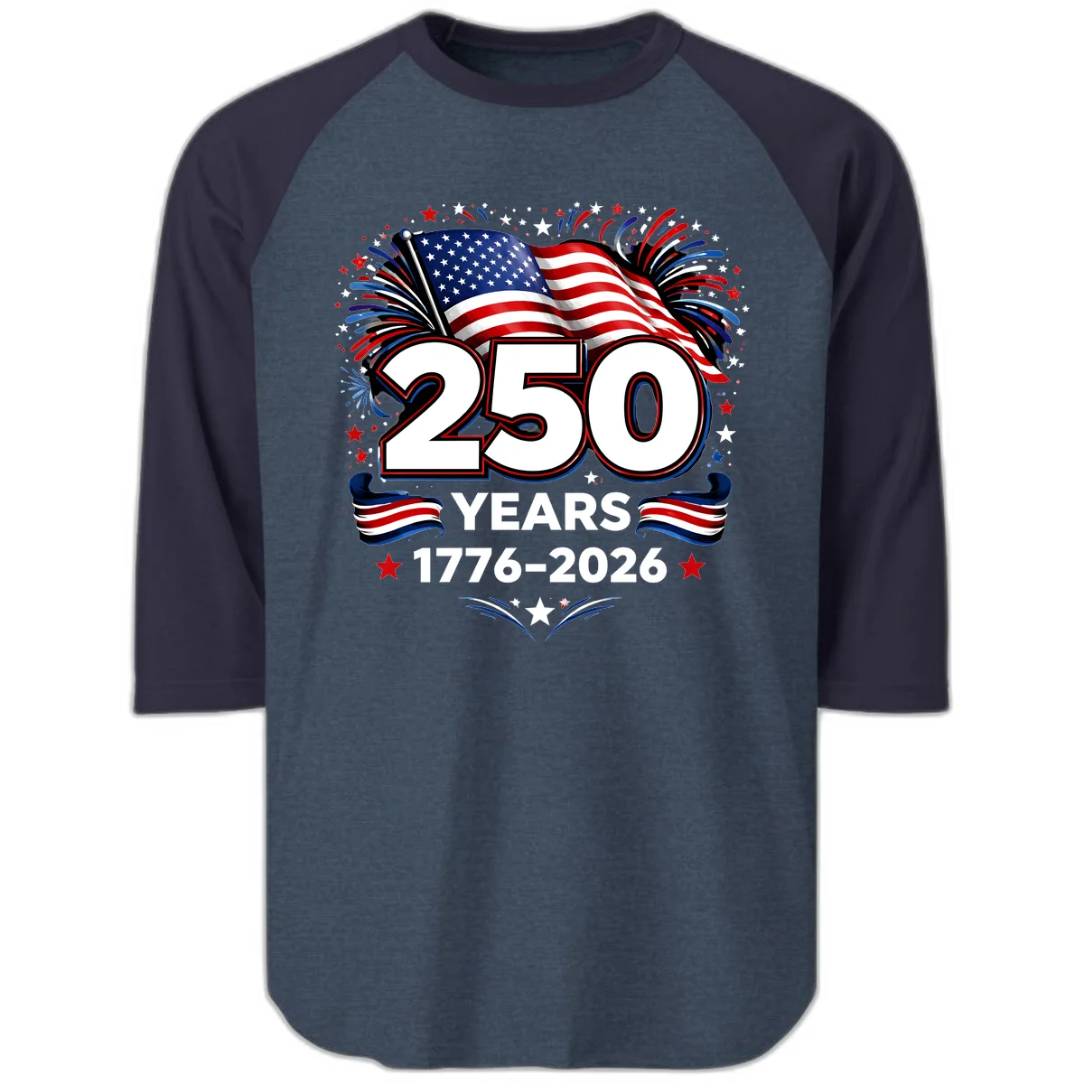 America's 250th Anniversary Celebration Design Raglan 3/4 in Heather Denim Navy