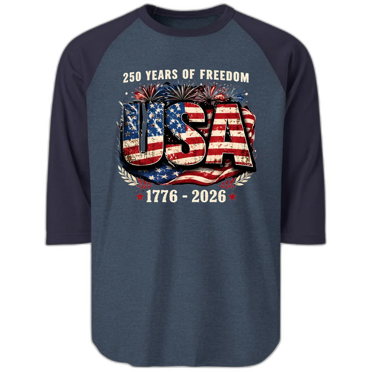 America's 250 Years of Freedom Celebration Raglan 3/4 in Heather Denim Navy