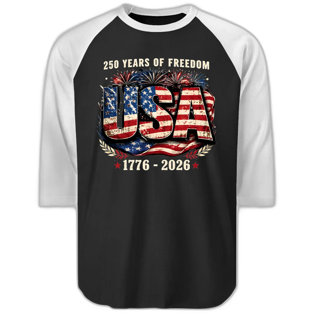 America's 250 Years of Freedom Celebration Raglan 3/4 in Black White
