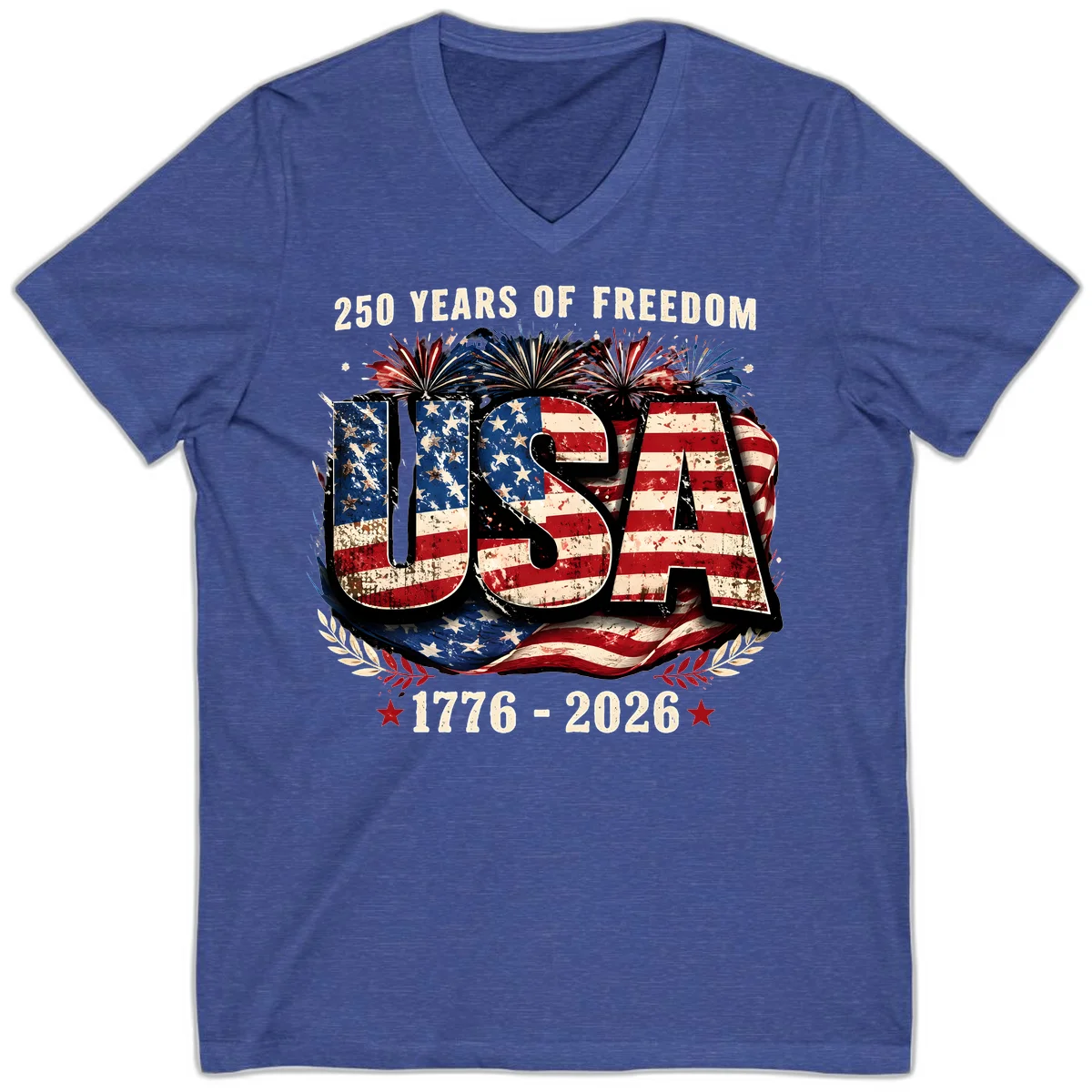 America's 250 Years of Freedom Celebration V-Neck in Heather True Royal