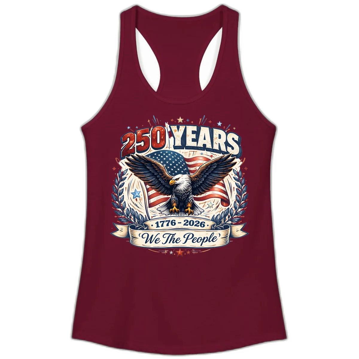 America 250 Years We The People Celebration Ladies Tank in Solid Cardinal Red