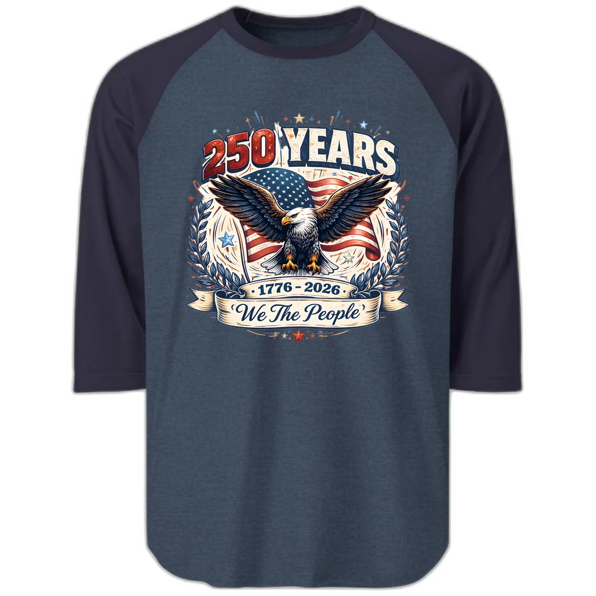 America 250 Years We The People Celebration Raglan 3/4 in Heather Denim Navy