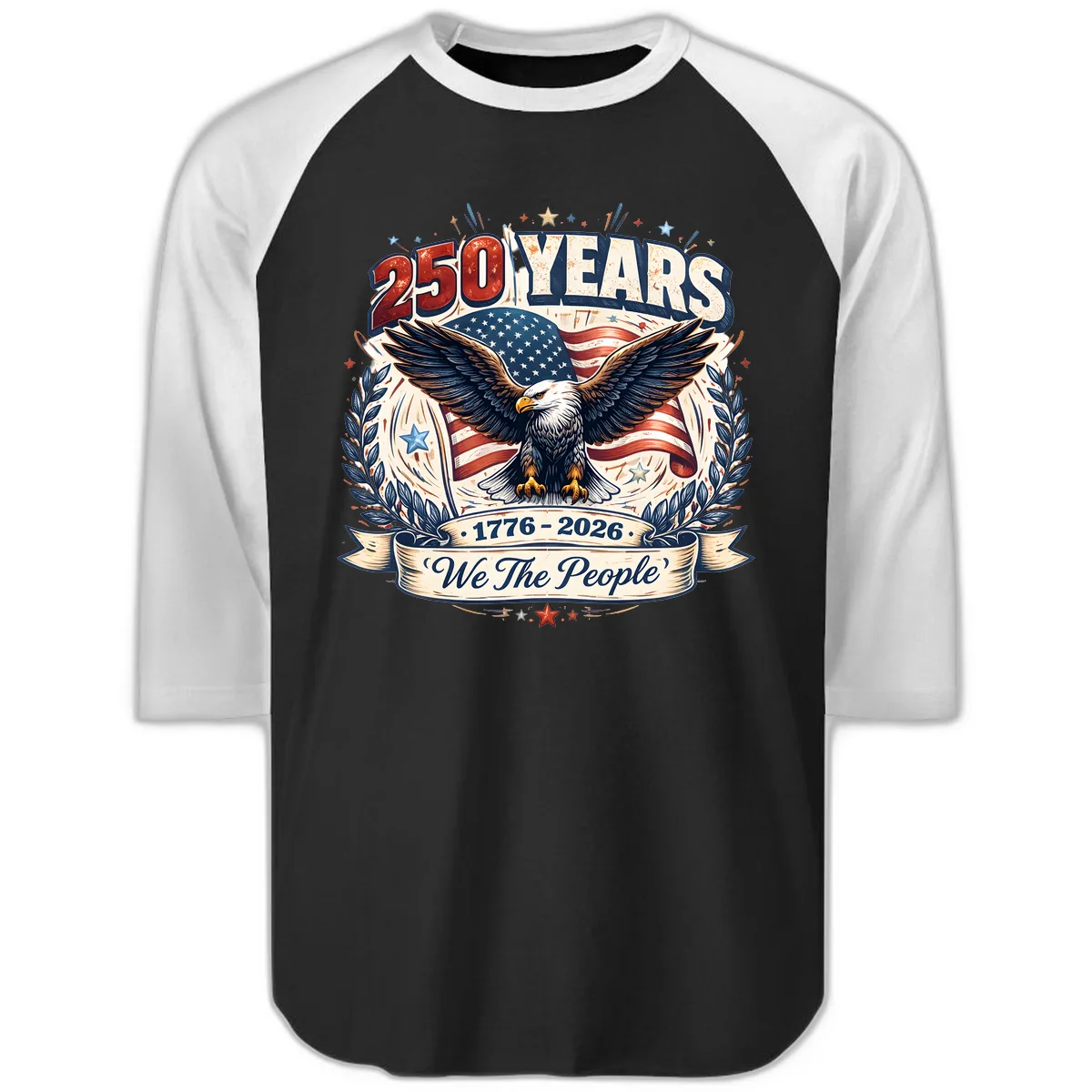 America 250 Years We The People Celebration Raglan 3/4 in Black White