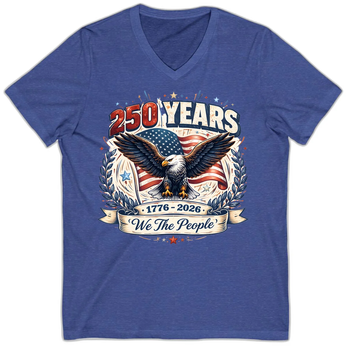 America 250 Years We The People Celebration V-Neck in Heather True Royal