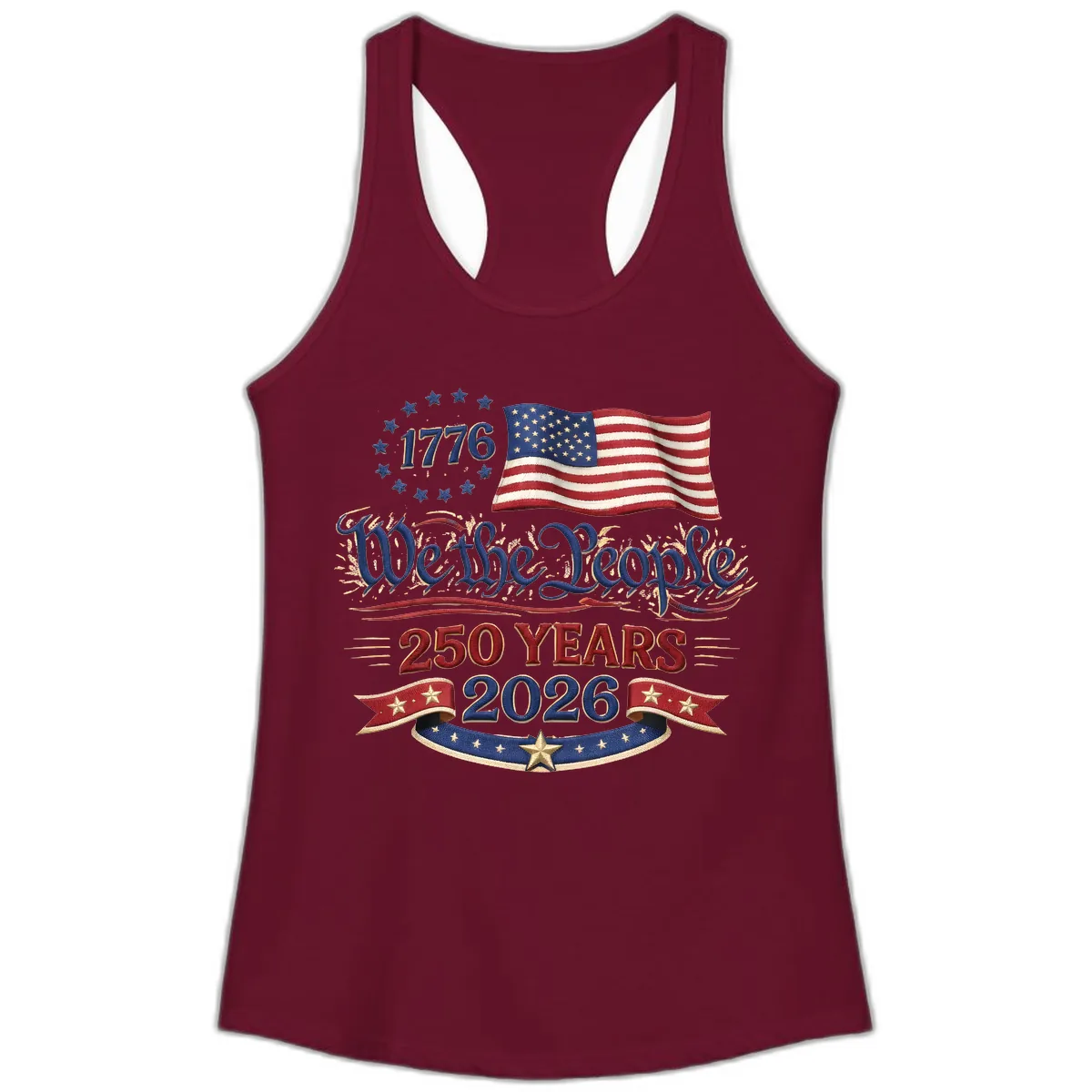 We the People 1776 250 Years 2026 Patriotic Celebration Ladies Tank in Solid Cardinal Red