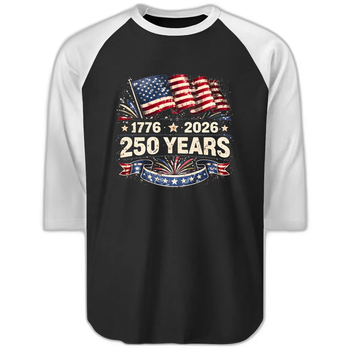 America's 250th Anniversary Semiquincentennial Celebration Raglan 3/4 in Black White