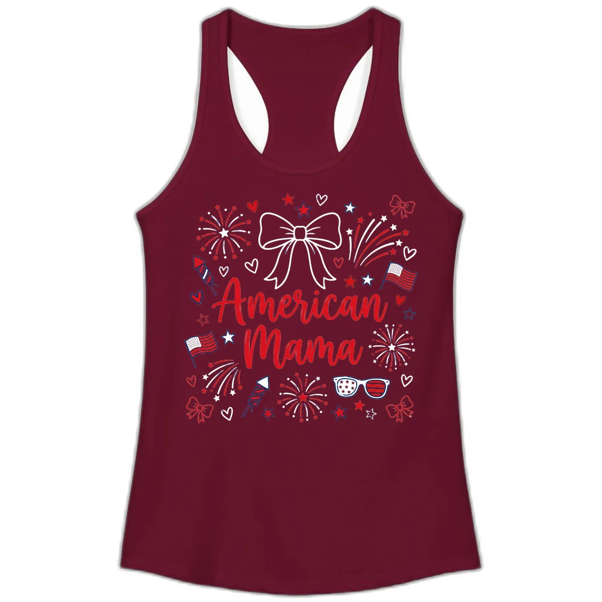 American Mama Patriotic Celebration Fireworks Ladies Tank in Solid Cardinal Red