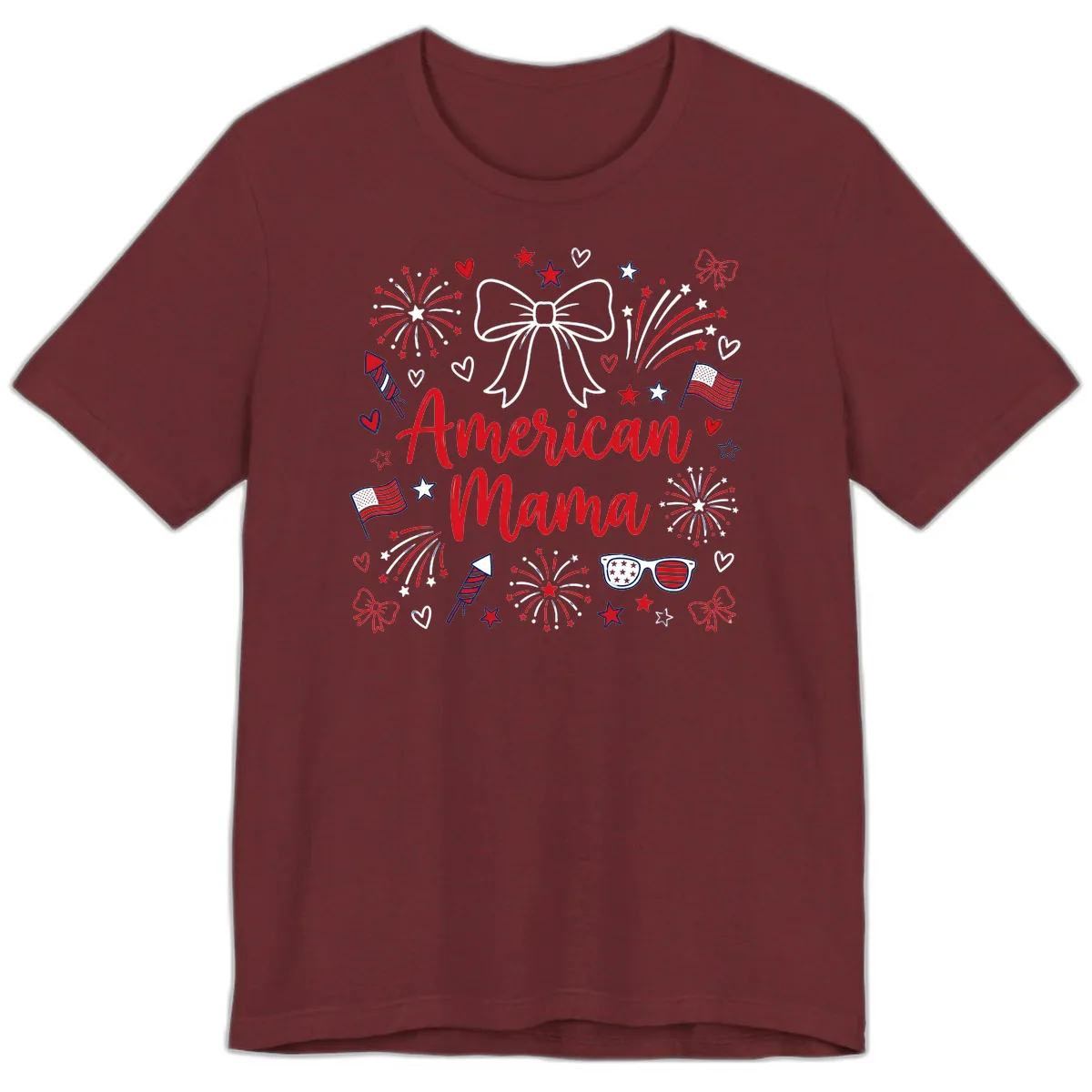 American Mama Patriotic Celebration Fireworks Premium T-Shirt in Heather Cardinal