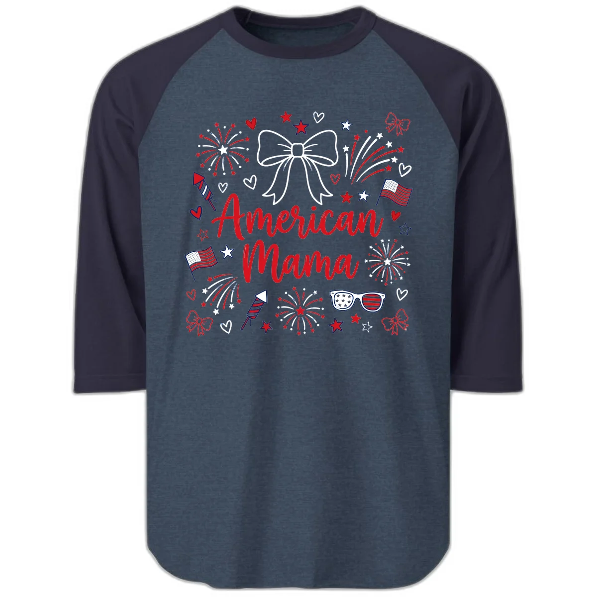 American Mama Patriotic Celebration Raglan 3/4 in Heather Denim Navy