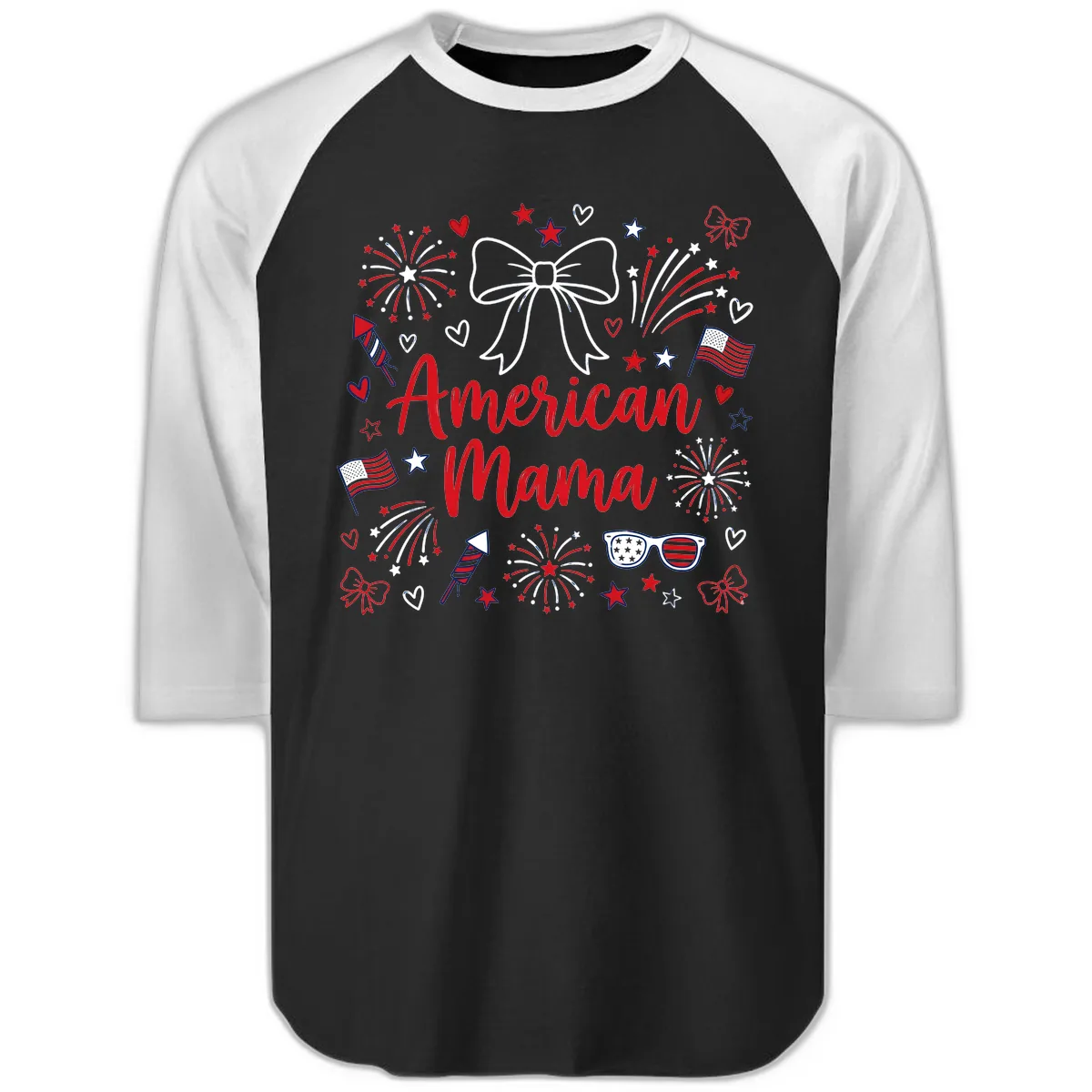 American Mama Patriotic Celebration Fireworks Raglan 3/4 in Black White