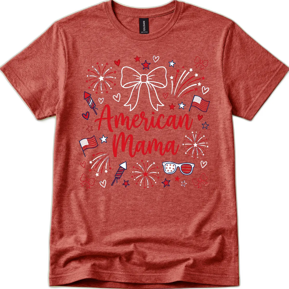 American Mama Patriotic Celebration Fireworks T-Shirt in Heather Cardinal