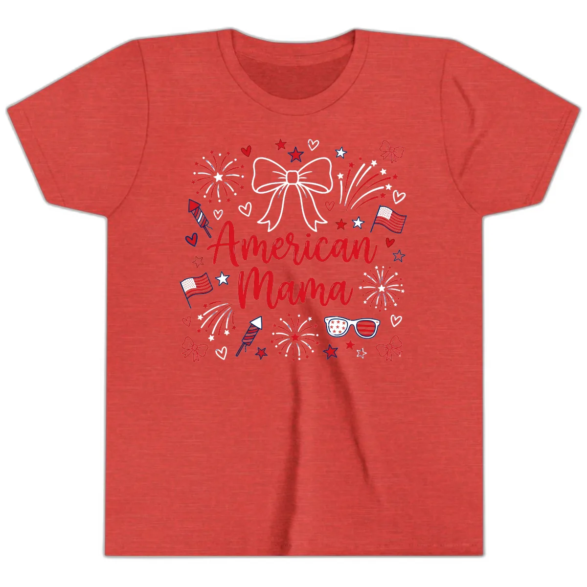 American Mama Patriotic Celebration Fireworks Youth T-Shirt in Heather Red