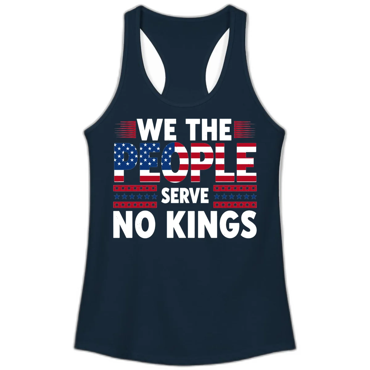 We The People Patriotic Flag Typography Ladies Tank in Solid Midnight Navy