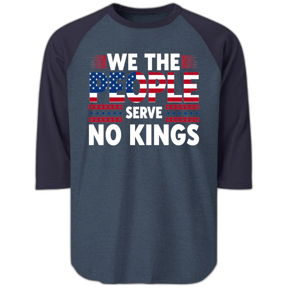 We The People Patriotic Flag Typography Raglan 3/4 in Heather Denim Navy